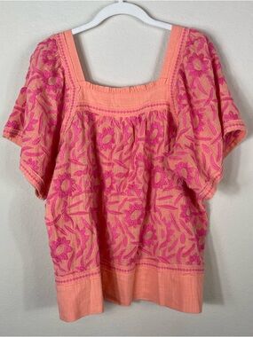 Sister Mary Embroidered Square Neck Top Pink Peach Size Small